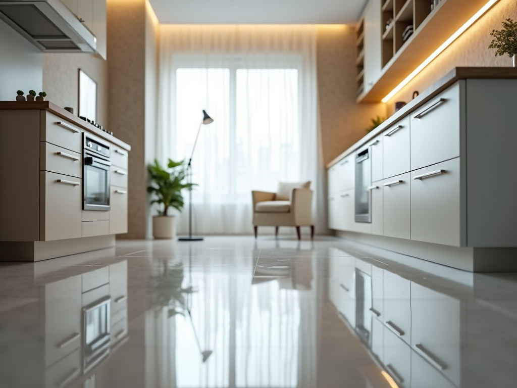 Glossy, deep-cleaned kitchen floor and cabinets in a North Texas home