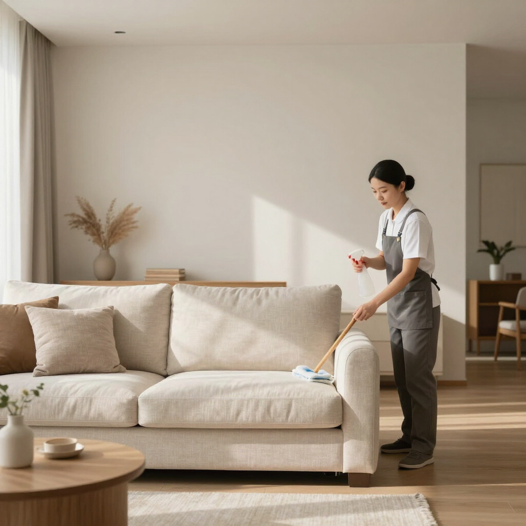 Professional cleaner refreshing a sofa in a bright Fort Worth living room